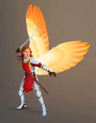 Female aasimar fighter in full plate armour with wings outstretched