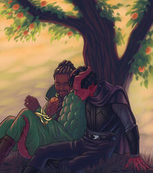 An elven druid and his tiefling husband sitting below a tree together