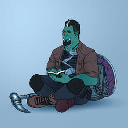 An orc sat cross-legged holding a book
