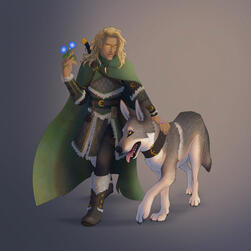 Male aasimar half-elf moon druid with wolf-dog companion