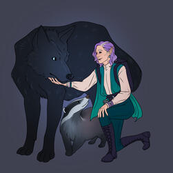 A palid elf druid with a black direwolf and a badger
