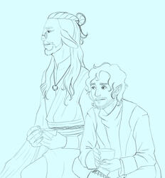 Caduceus Clay and a half-elf, Berewyn sat holding tea. Sketch.
