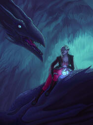 A lolthite drow woman sat upon a dragon holding a luxon beacon