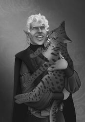Male elf, smiling and holding a large cat. The cat is licking his face.