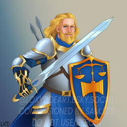 A human paladin knight with a warforged arm holding a sword and shield